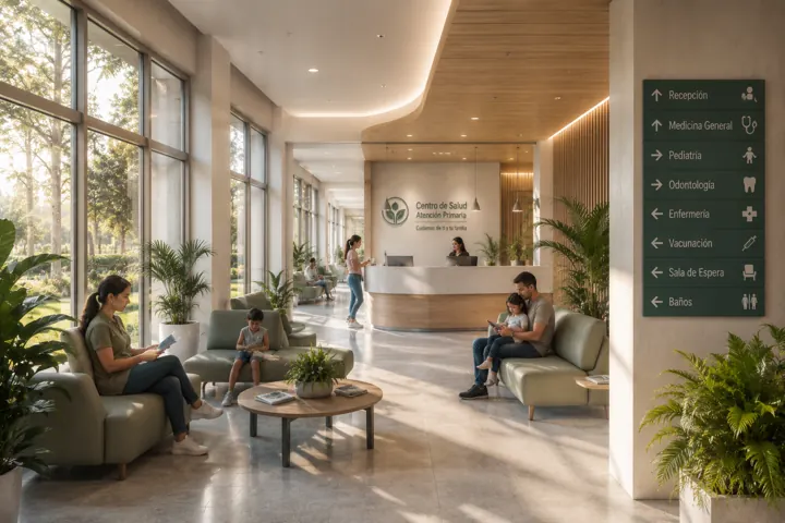 Imagen de referencia: sala de espera y recepción de un centro de atención primaria