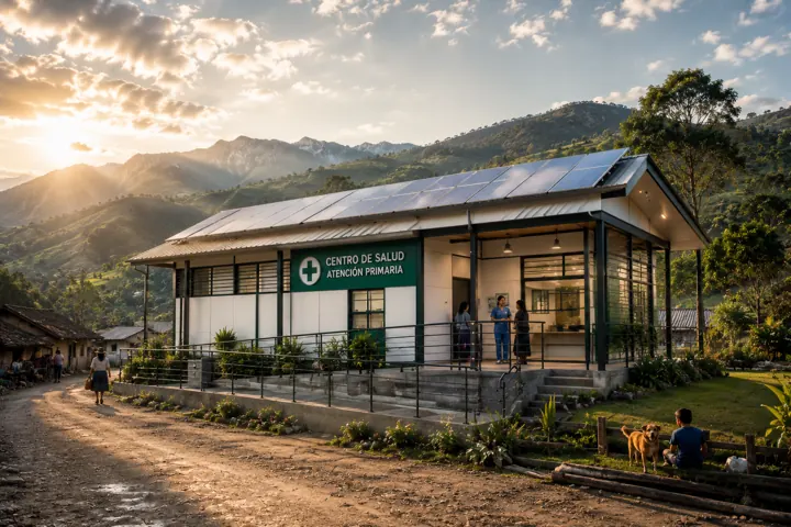 Imagen de referencia: puesto de salud rural con paneles solares en cubierta